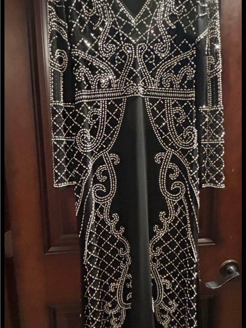 Xscape Black Long Sleeve Beaded Evening Gown